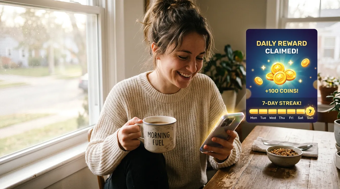 Daily login bonus reward claiming at sweepstakes casino