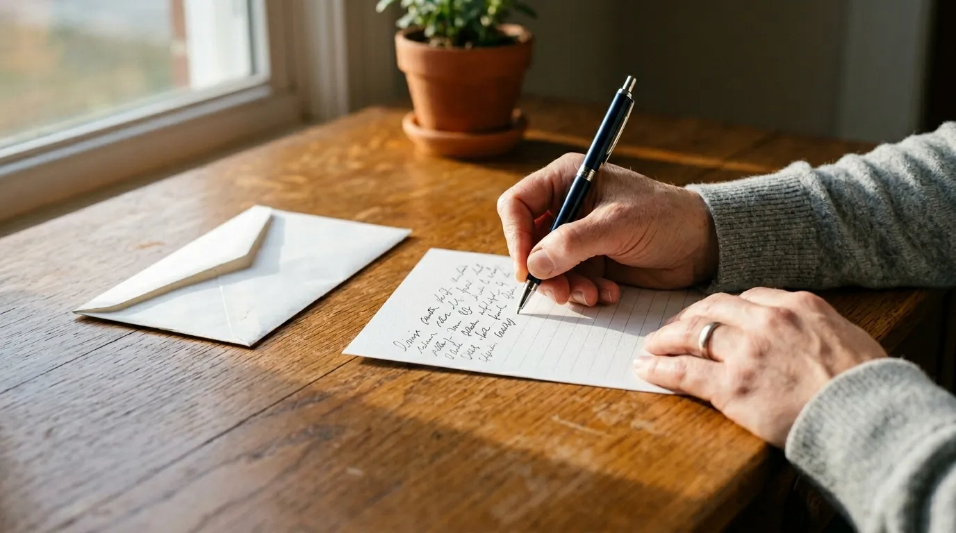 Person writing mail-in request for free Sweeps Coins entry at sweepstakes casino