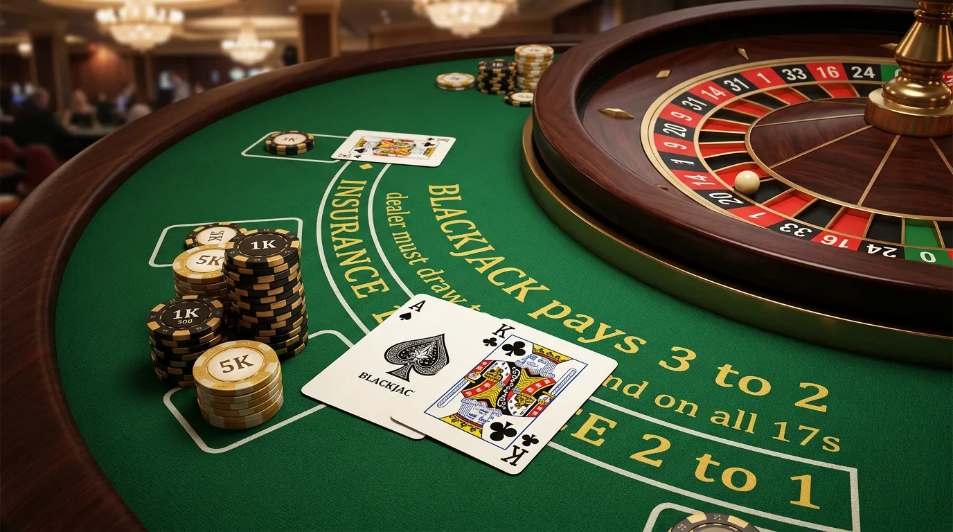 Sweepstakes casino table games with blackjack cards and roulette wheel